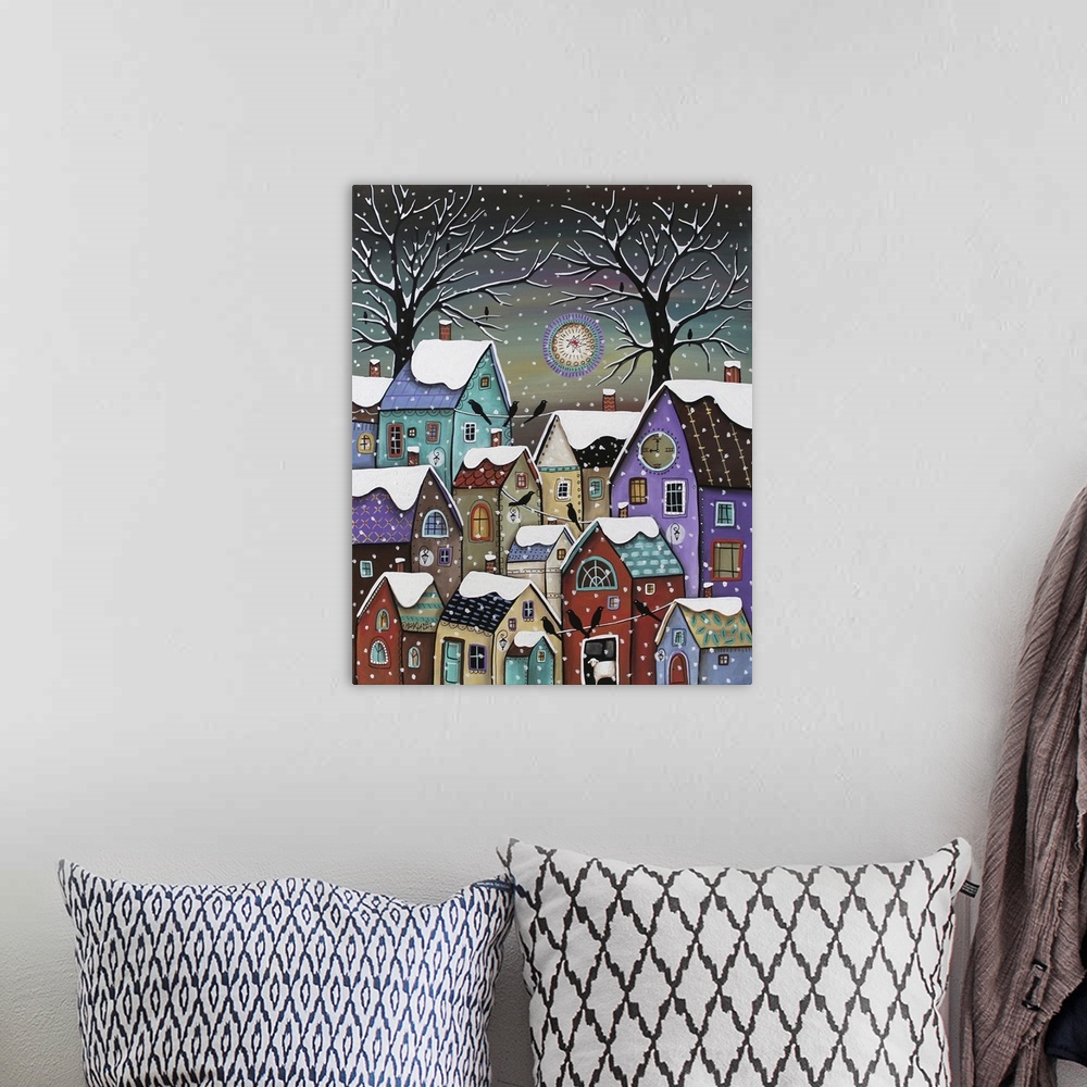A bohemian room featuring Contemporary painting of a village made of different colored houses in the snow.