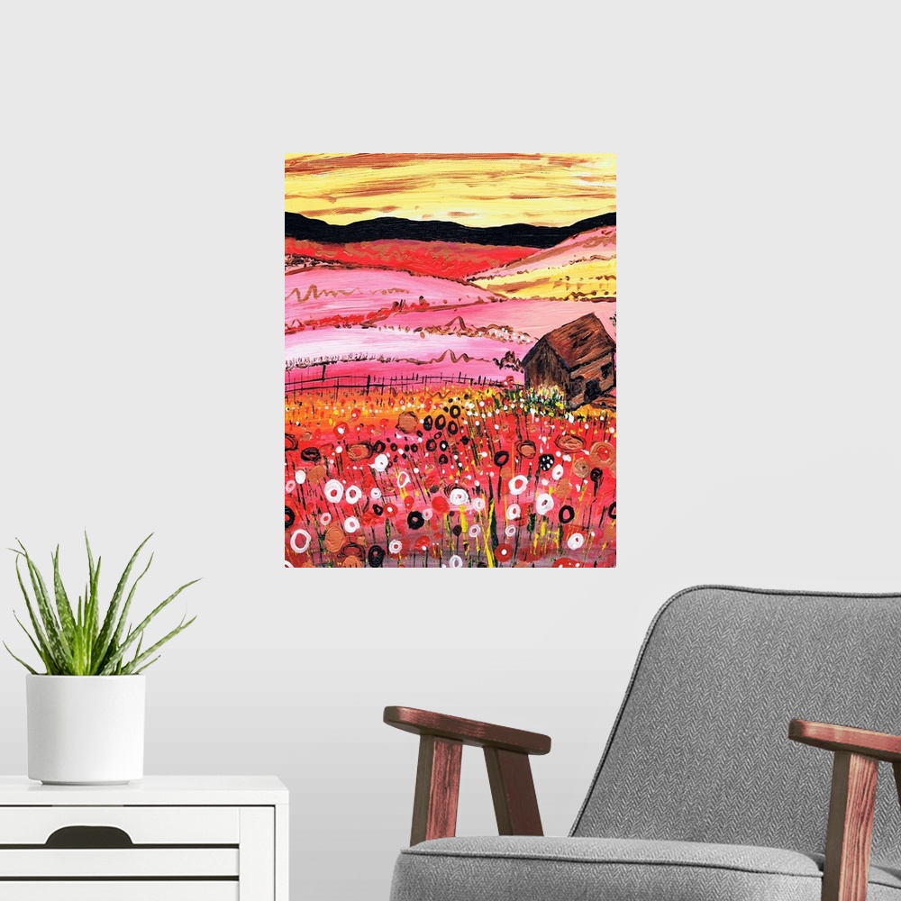 A modern room featuring A painting of a red field of flowers with a cottage in the foreground.