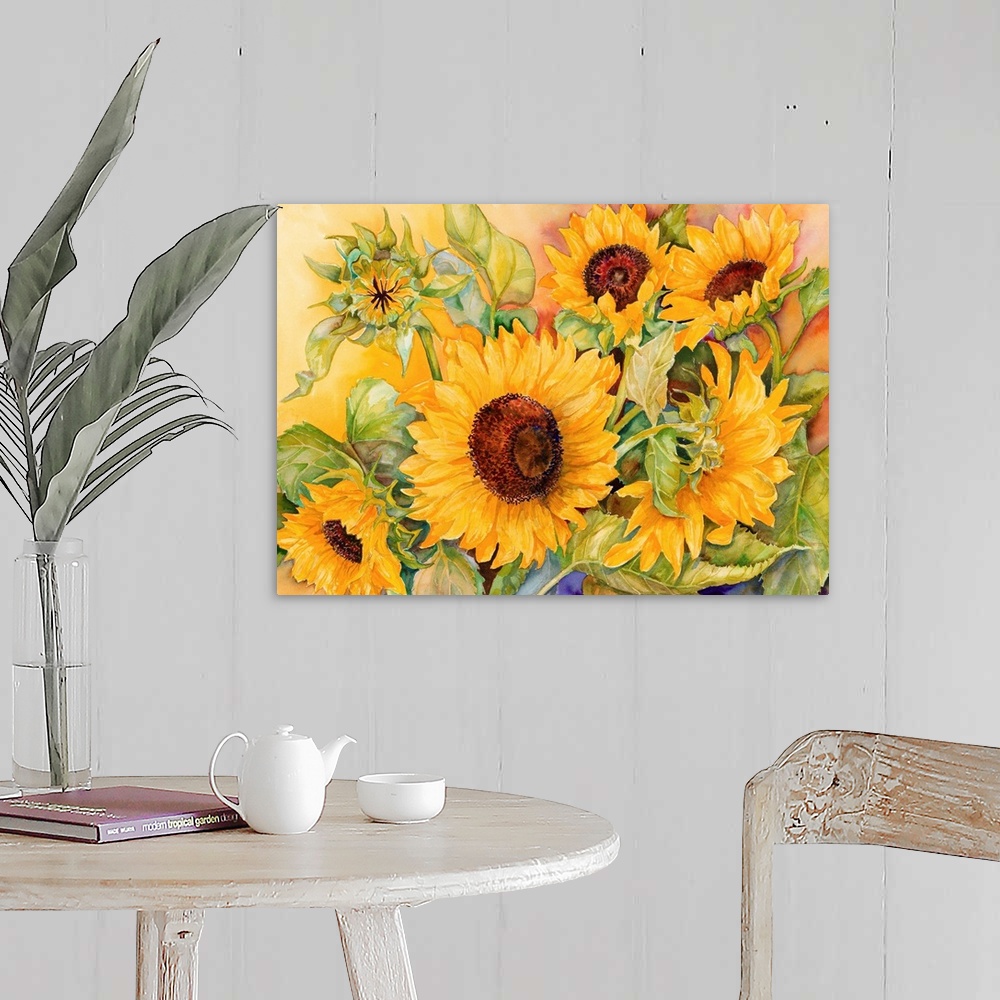 A farmhouse room featuring Colorful contemporary painting of sunflowers.