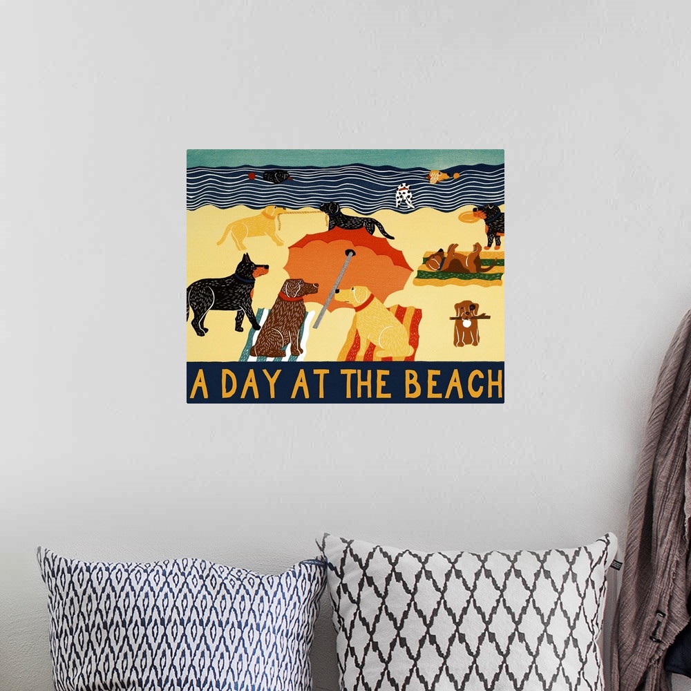 A bohemian room featuring Illustration of different breeds of dogs on the beach with the phrase "A Day At The Beach" writte...