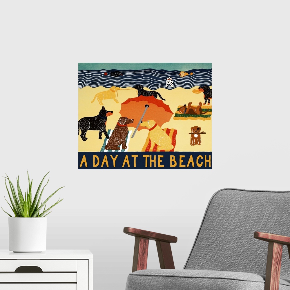 A modern room featuring Illustration of different breeds of dogs on the beach with the phrase "A Day At The Beach" writte...