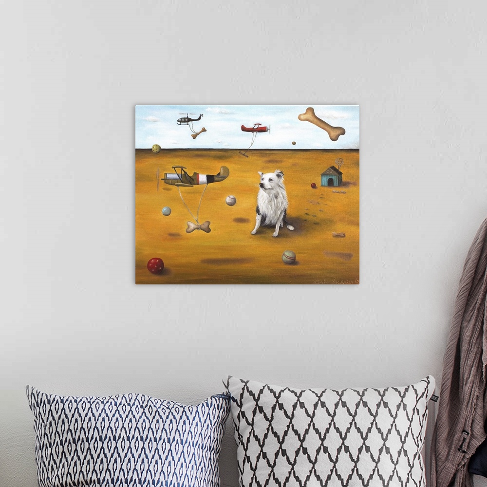 A bohemian room featuring Surrealist painting of a dog sitting on dry arid land watching dog bones being carried around by ...