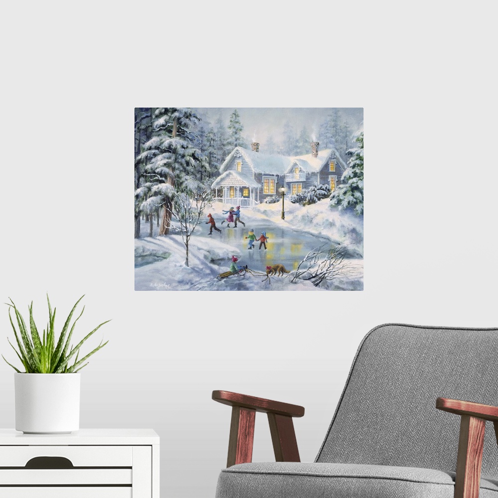 A modern room featuring Contemporary artwork of children skating on a frozen pond in front of a house after a snowfall.