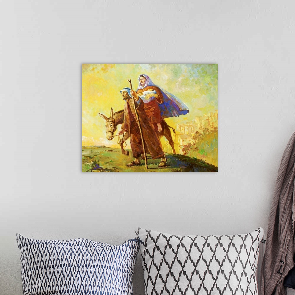 A bohemian room featuring Mary and Joseph, fleeing Egypt with Jesus.