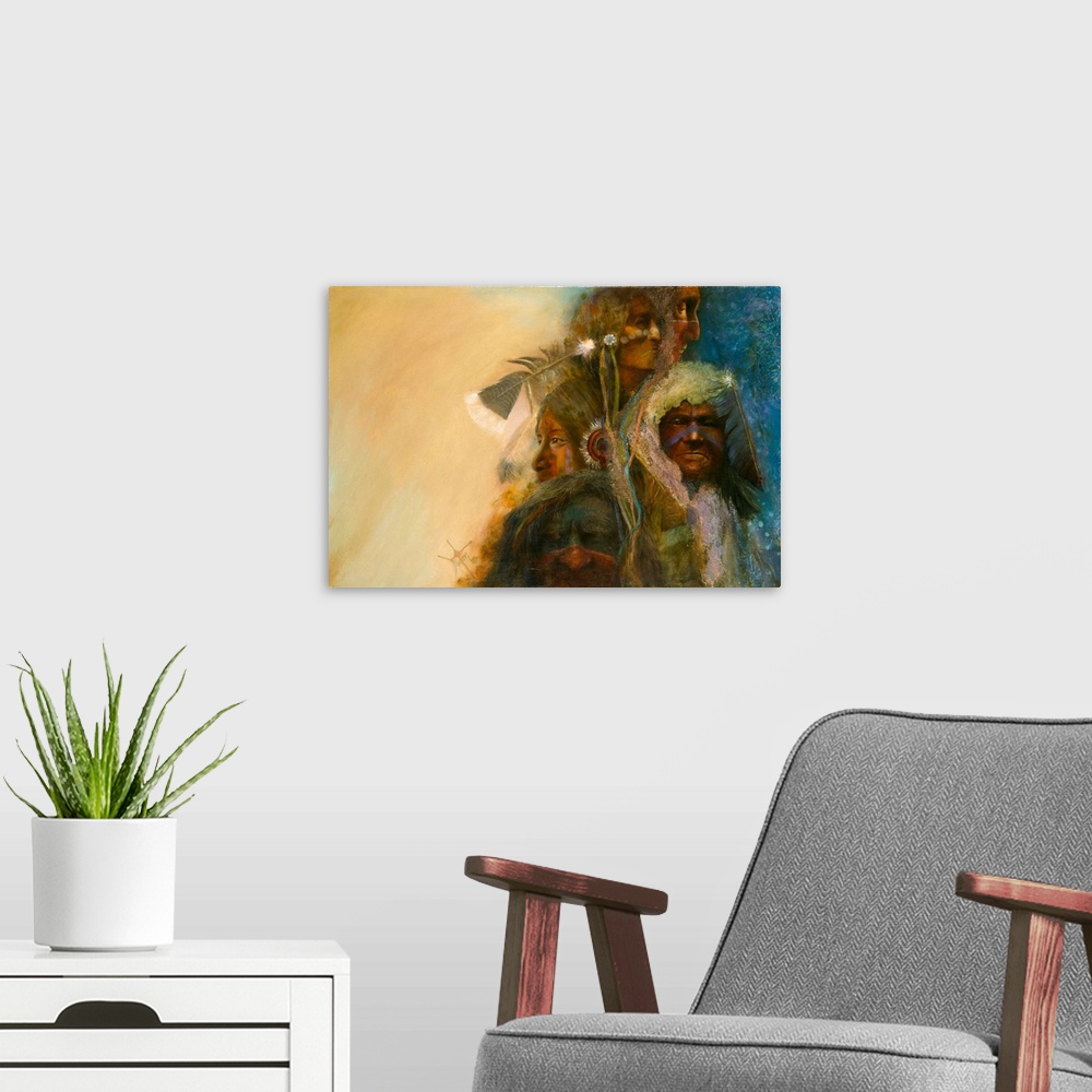 A modern room featuring A contemporary painting of a montage of portraits of Native American tribes people.