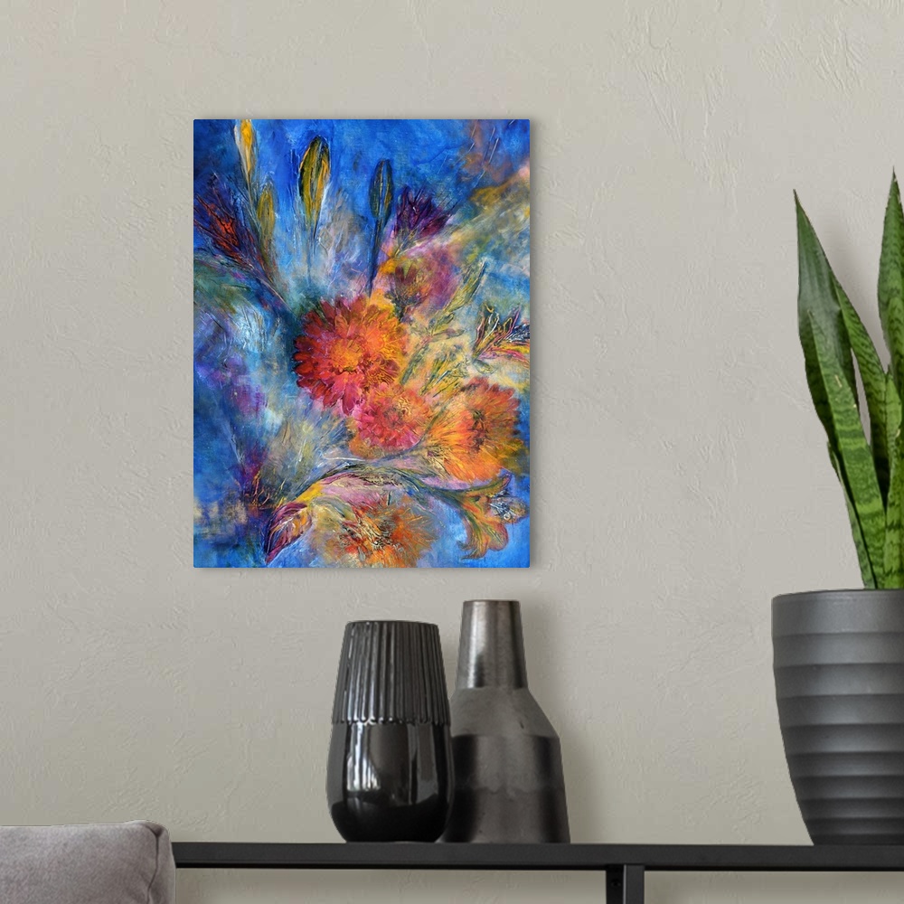 A modern room featuring Contemporary abstract painting using wild and vibrant splashes of color.