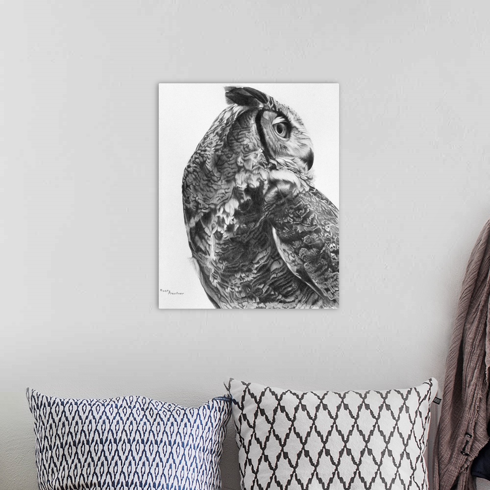 A bohemian room featuring A noble-looking owl turns its head 180 degrees backwards to look behind it.