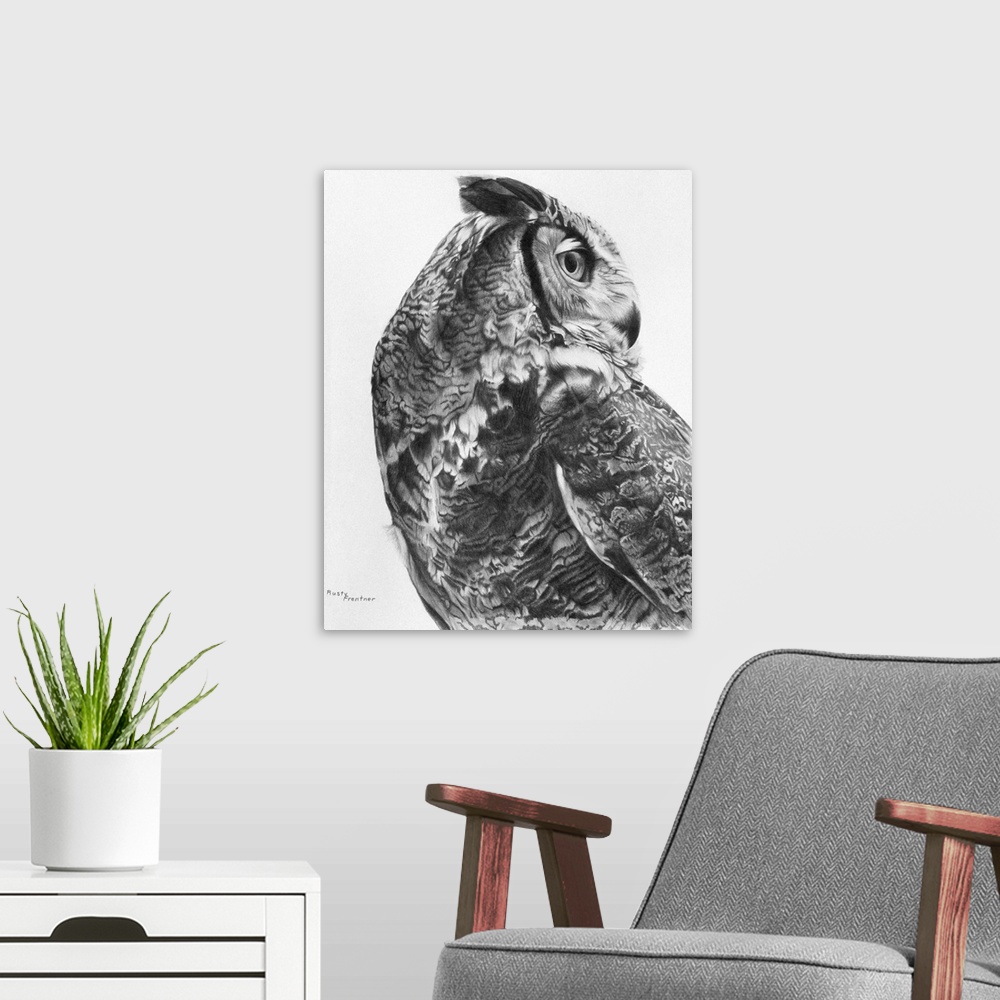 A modern room featuring A noble-looking owl turns its head 180 degrees backwards to look behind it.