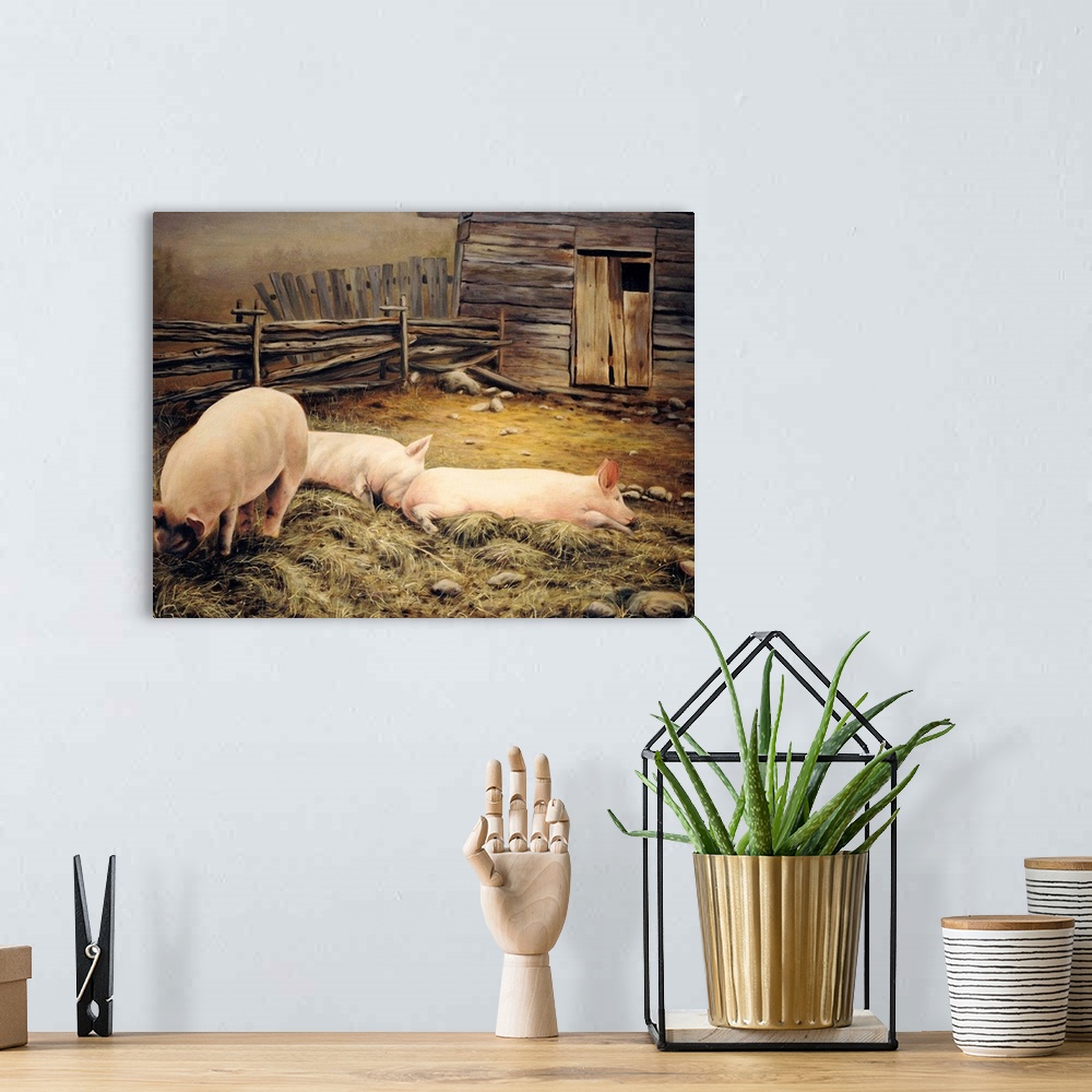A bohemian room featuring Contemporary artwork of three pigs in a sty, lounging in the mud.