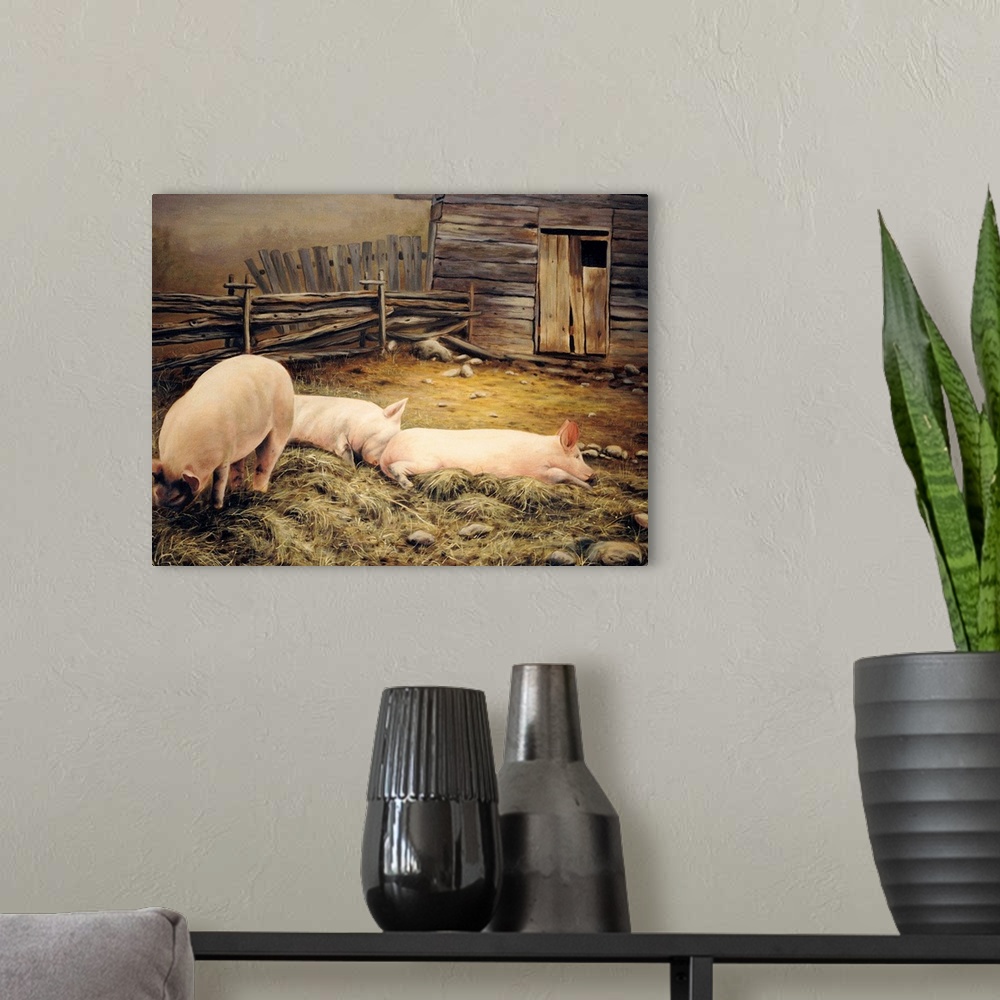 A modern room featuring Contemporary artwork of three pigs in a sty, lounging in the mud.