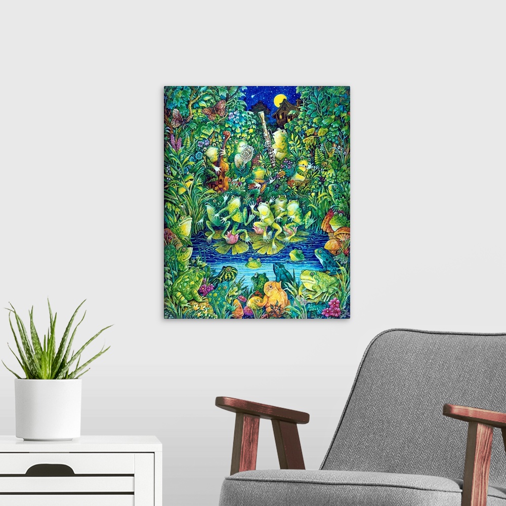 A modern room featuring Frogs making music.
