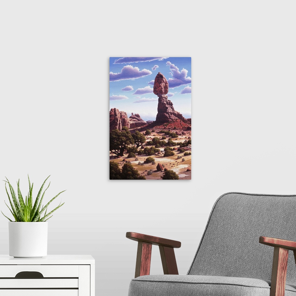 A modern room featuring A view of Balancing Rock in Arches National Park.