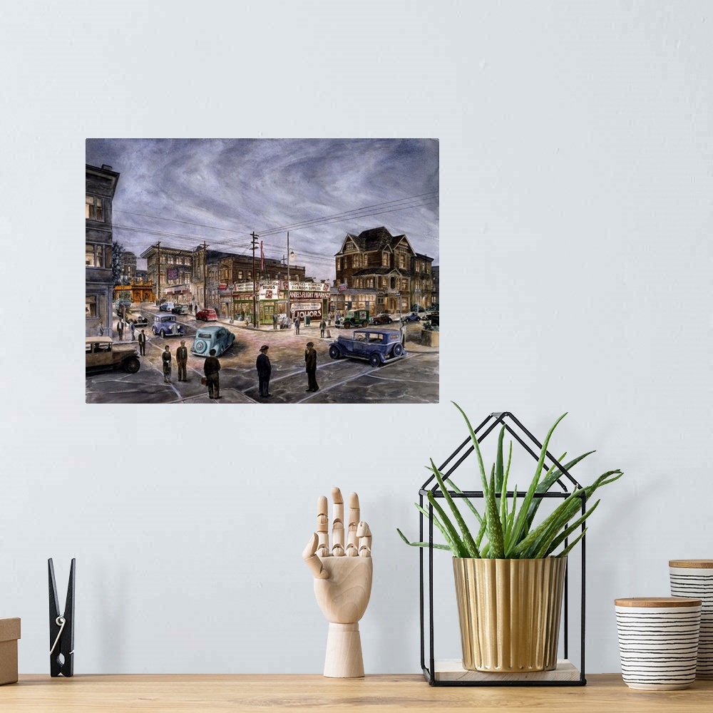 A bohemian room featuring Contemporary painting of a bustling city street.