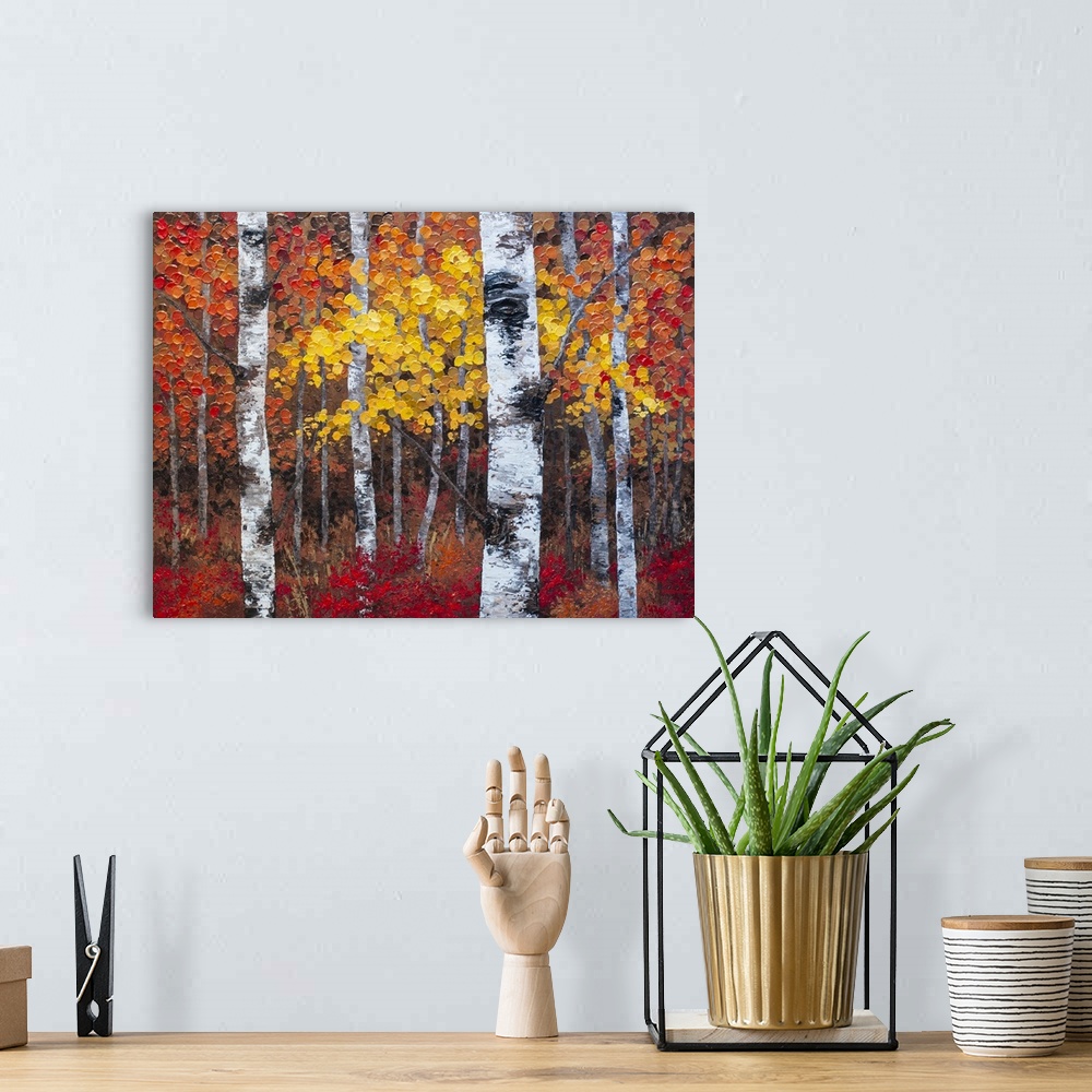 A bohemian room featuring Autumn forest landscape painting of aspen trees and birch trees giclee art print on canvas by con...