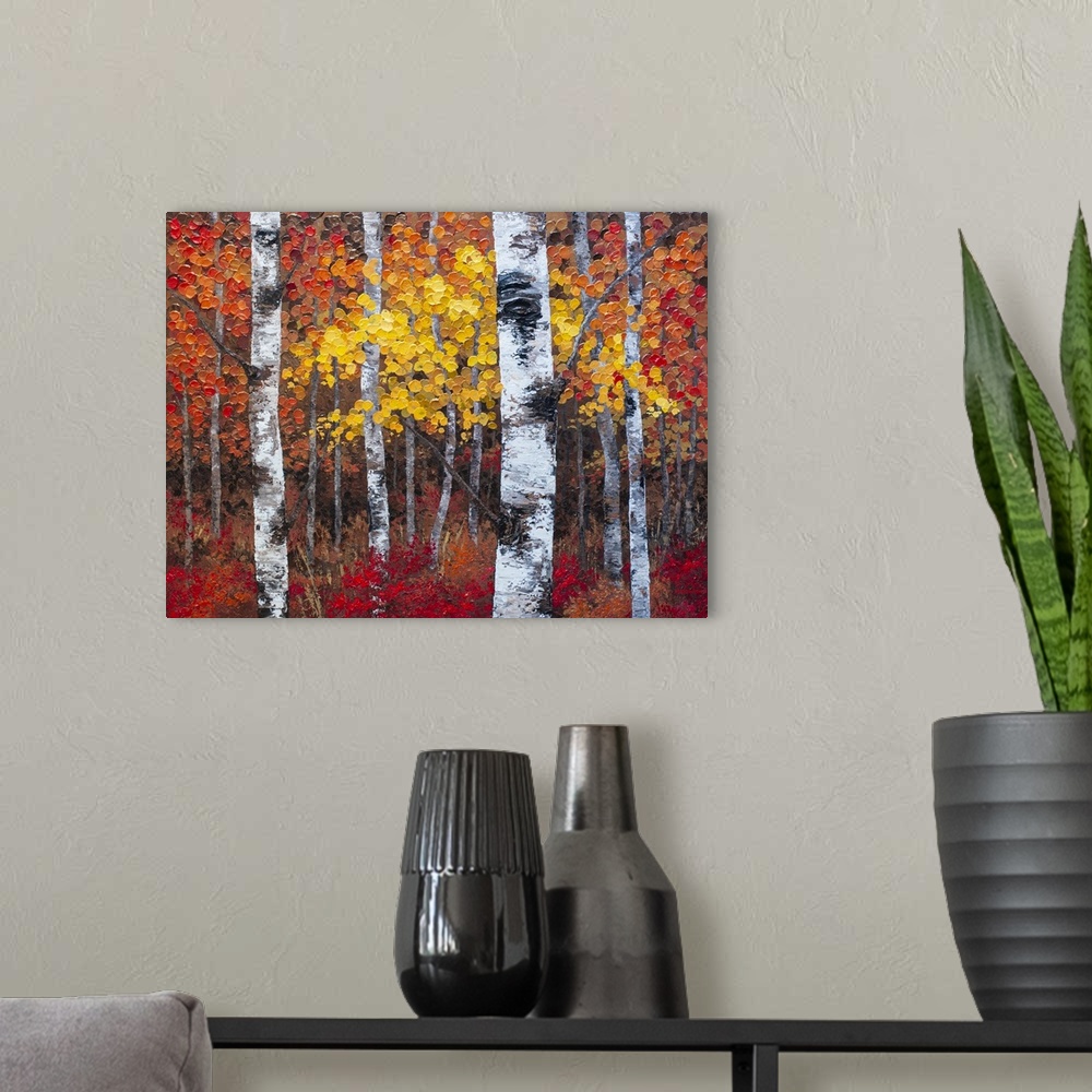 A modern room featuring Autumn forest landscape painting of aspen trees and birch trees giclee art print on canvas by con...
