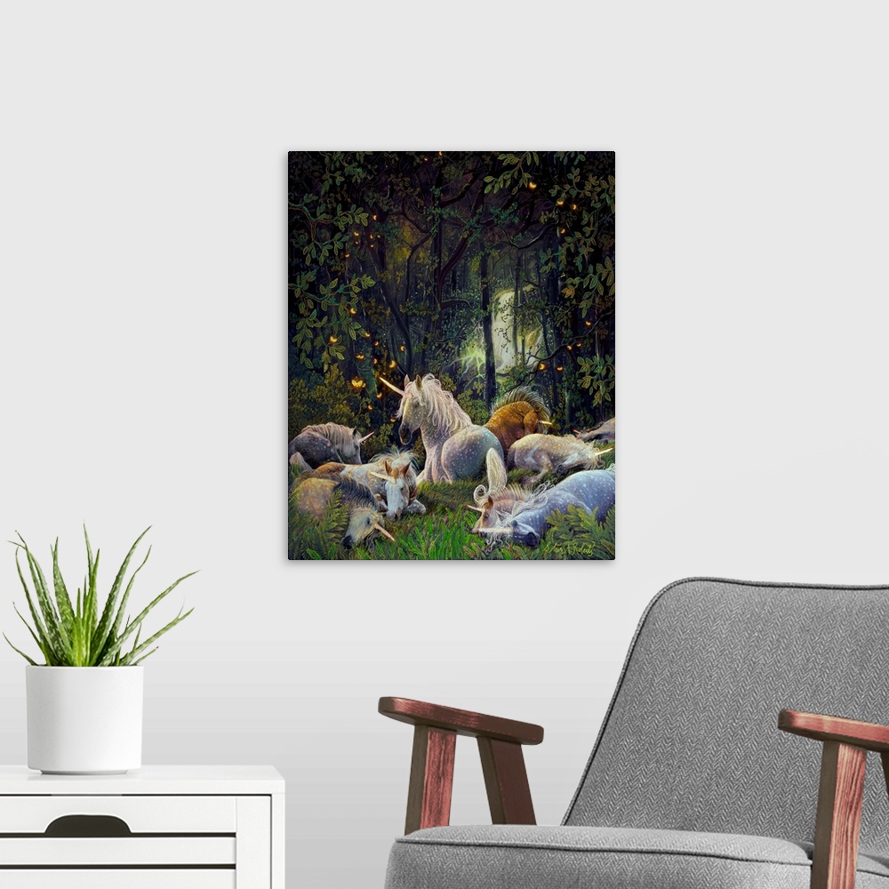 A modern room featuring Unicorns sleeping in magical forest