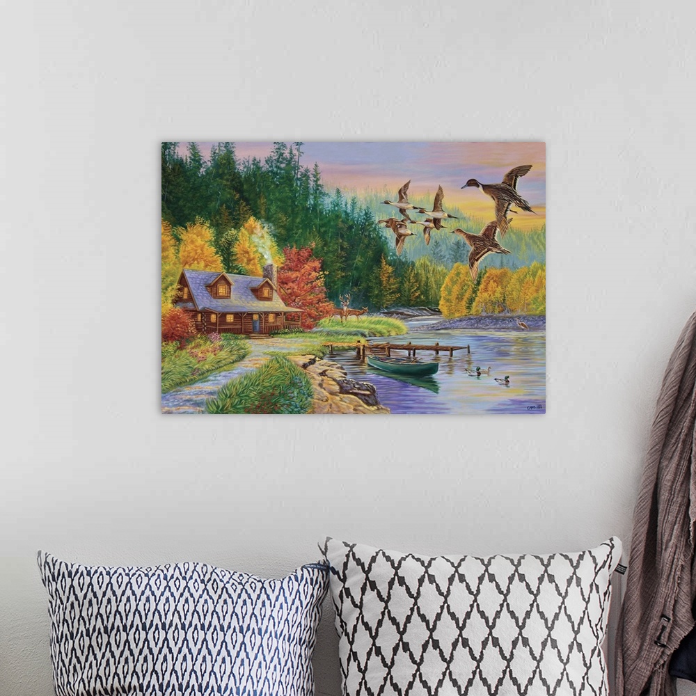 A bohemian room featuring Pintail ducks flying over a log cabin next to a river
