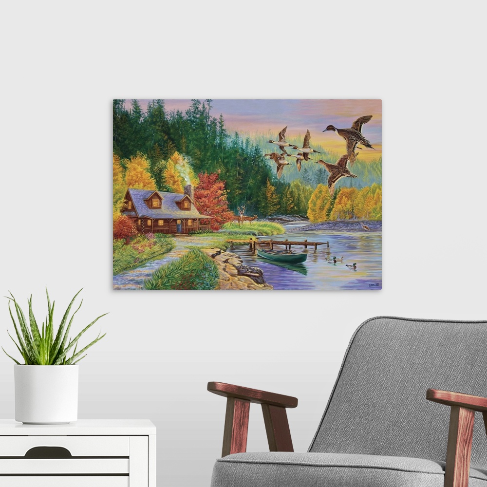 A modern room featuring Pintail ducks flying over a log cabin next to a river