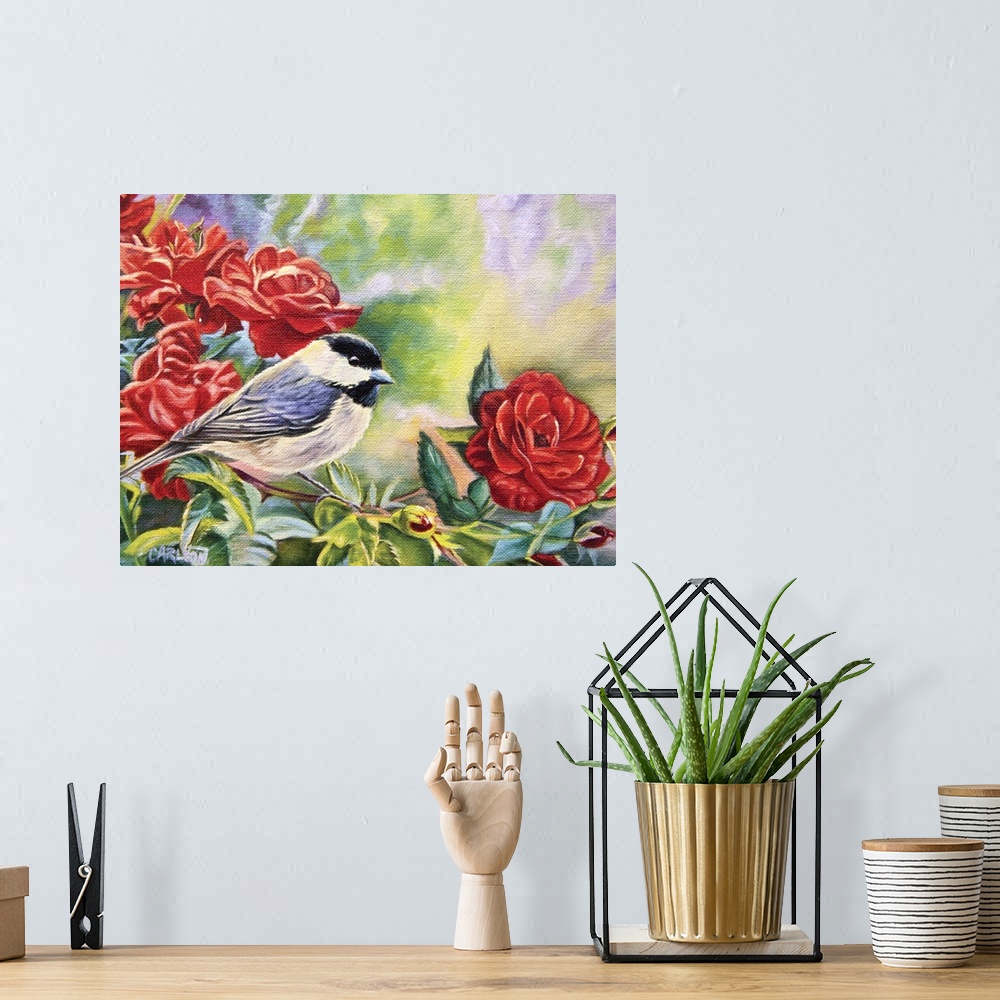A bohemian room featuring chickadee sitting on rose plant,
