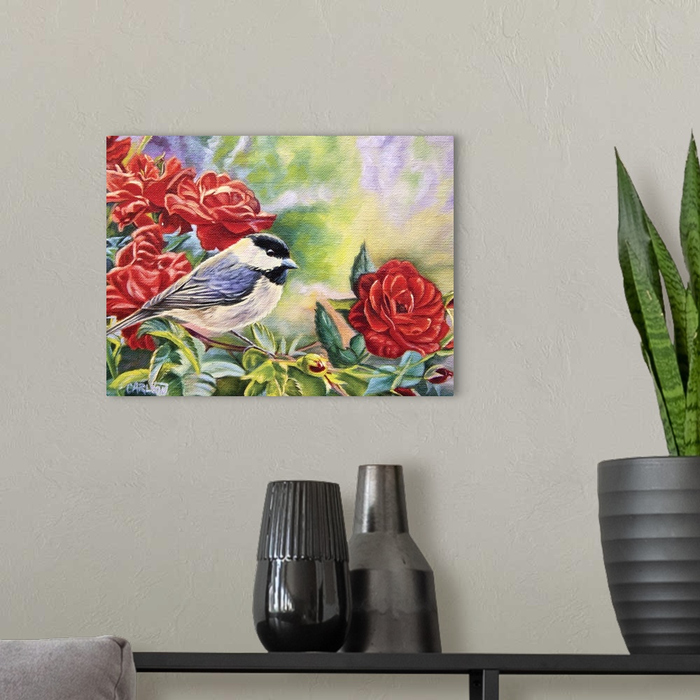 A modern room featuring chickadee sitting on rose plant,