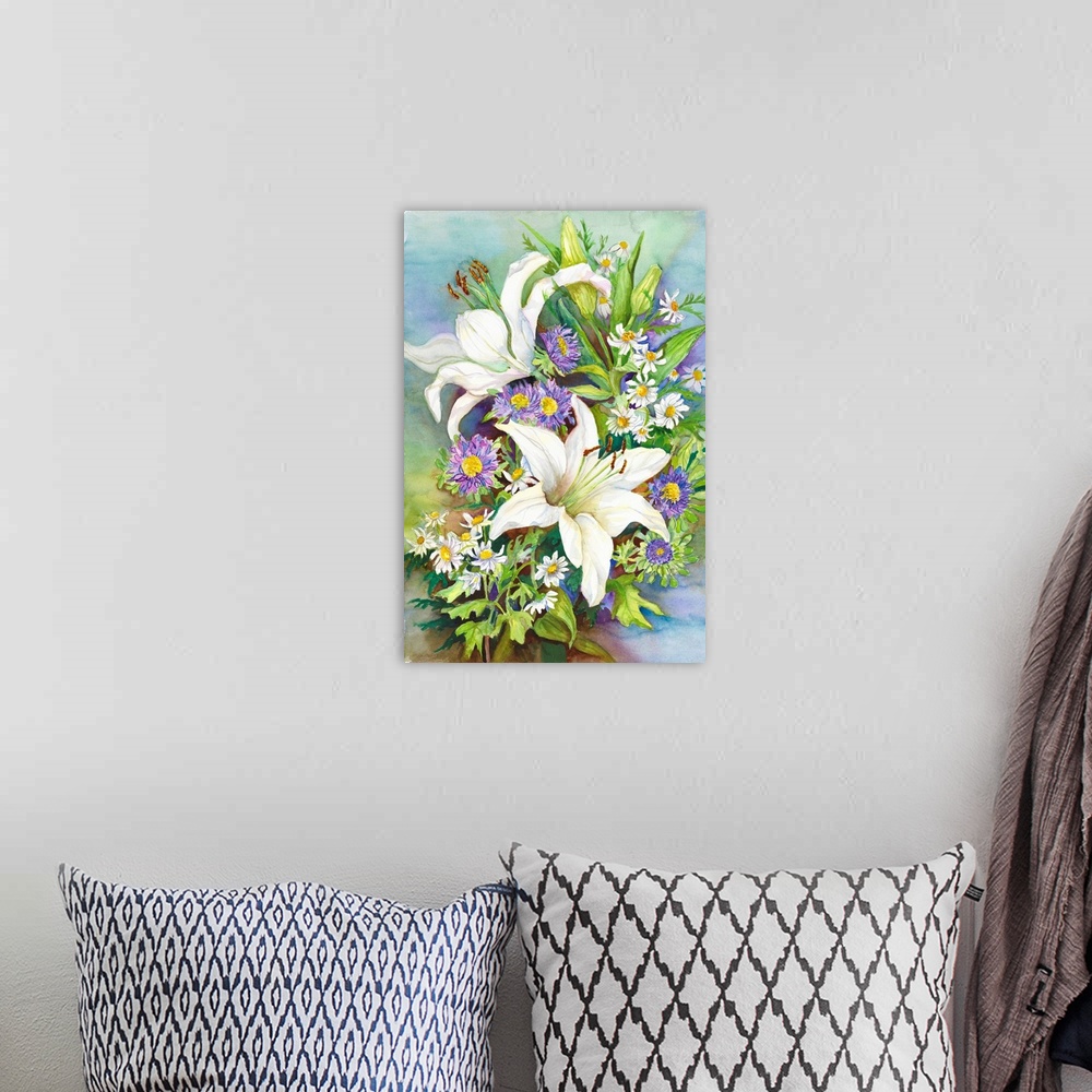 A bohemian room featuring Colorful contemporary painting of a bouquet of white and purple flowers.