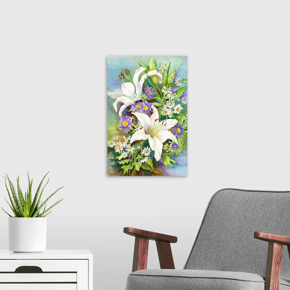 A modern room featuring Colorful contemporary painting of a bouquet of white and purple flowers.