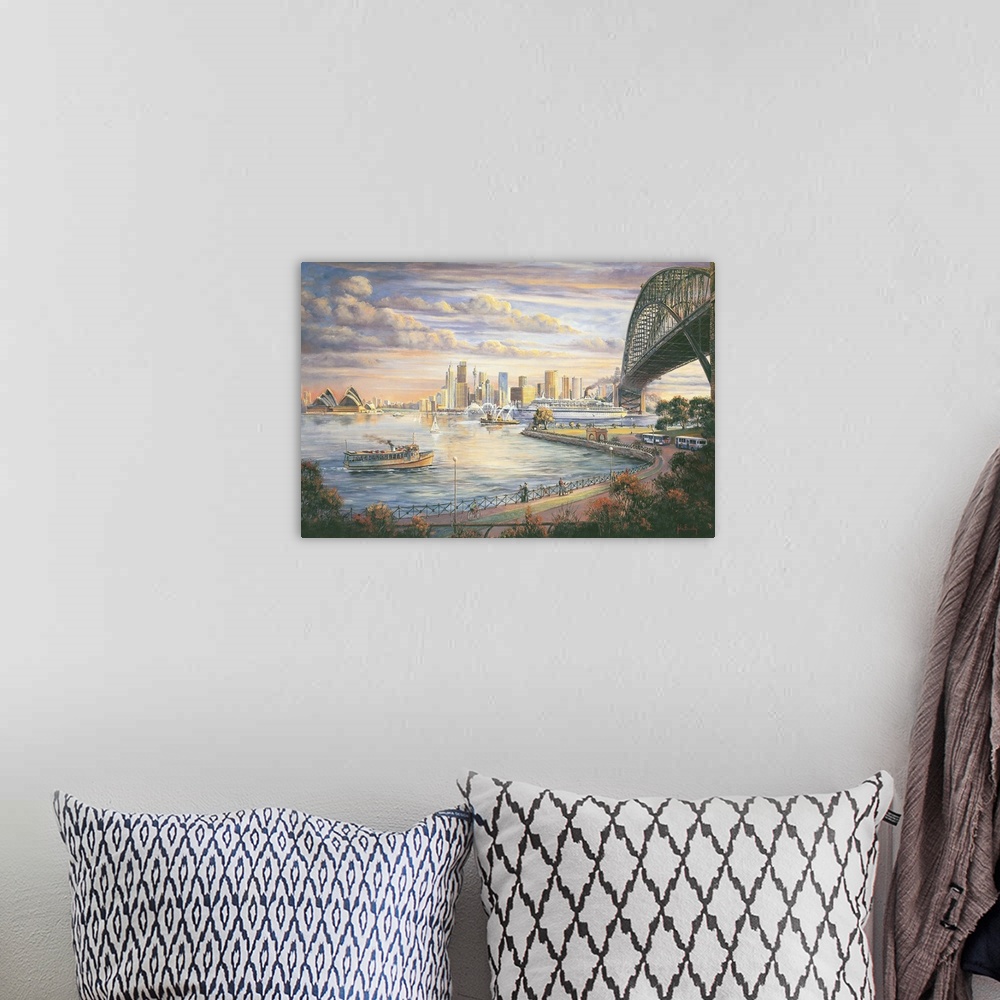 A bohemian room featuring Contemporary painting of the Sydney skyline.