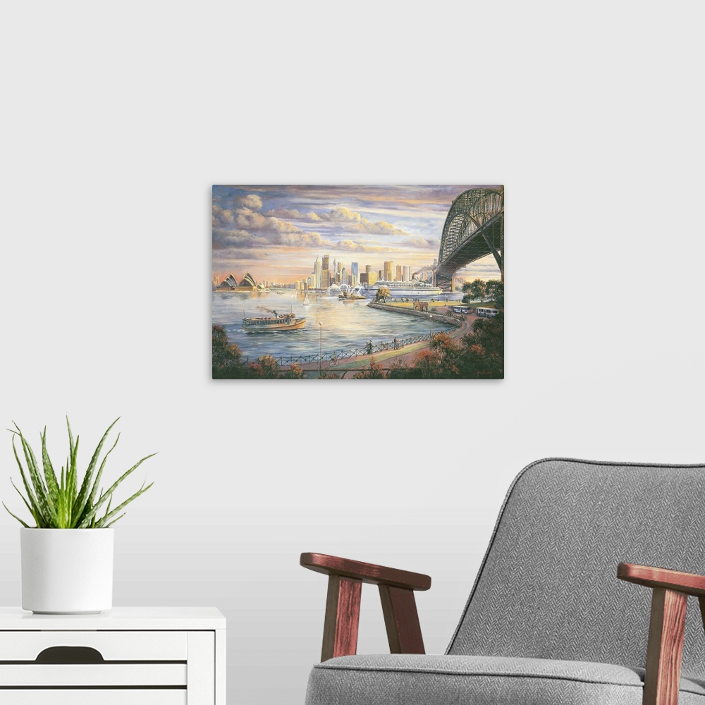 A modern room featuring Contemporary painting of the Sydney skyline.