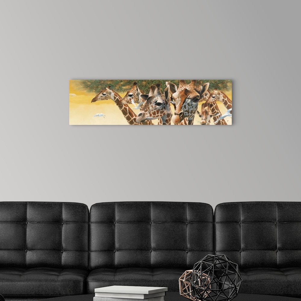 A modern room featuring Contemporary painting of a group of giraffes.