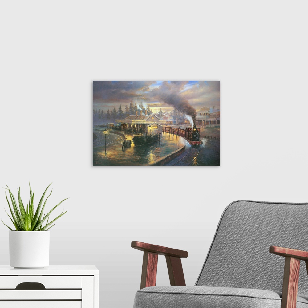 A modern room featuring Contemporary painting of a train pulling into the station at night.