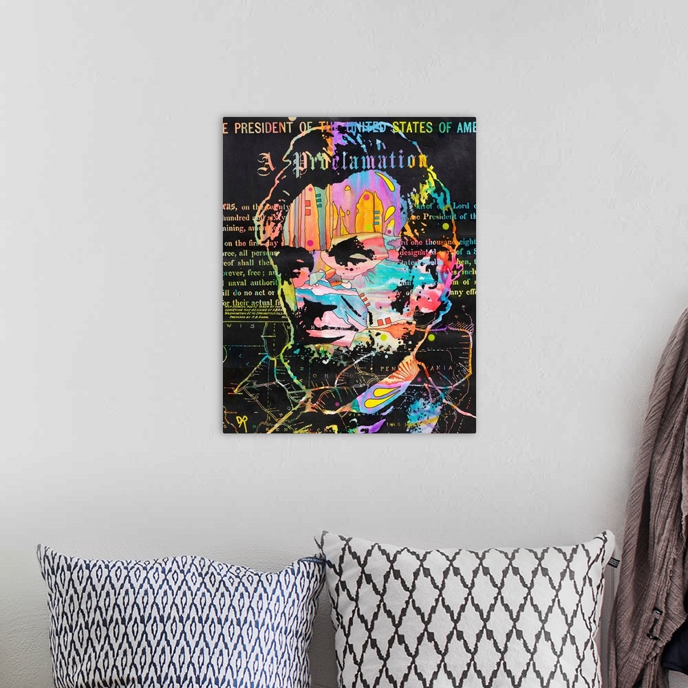 A bohemian room featuring Colorful abstract illustration of Abraham Lincoln with his Proclamation written in the background...