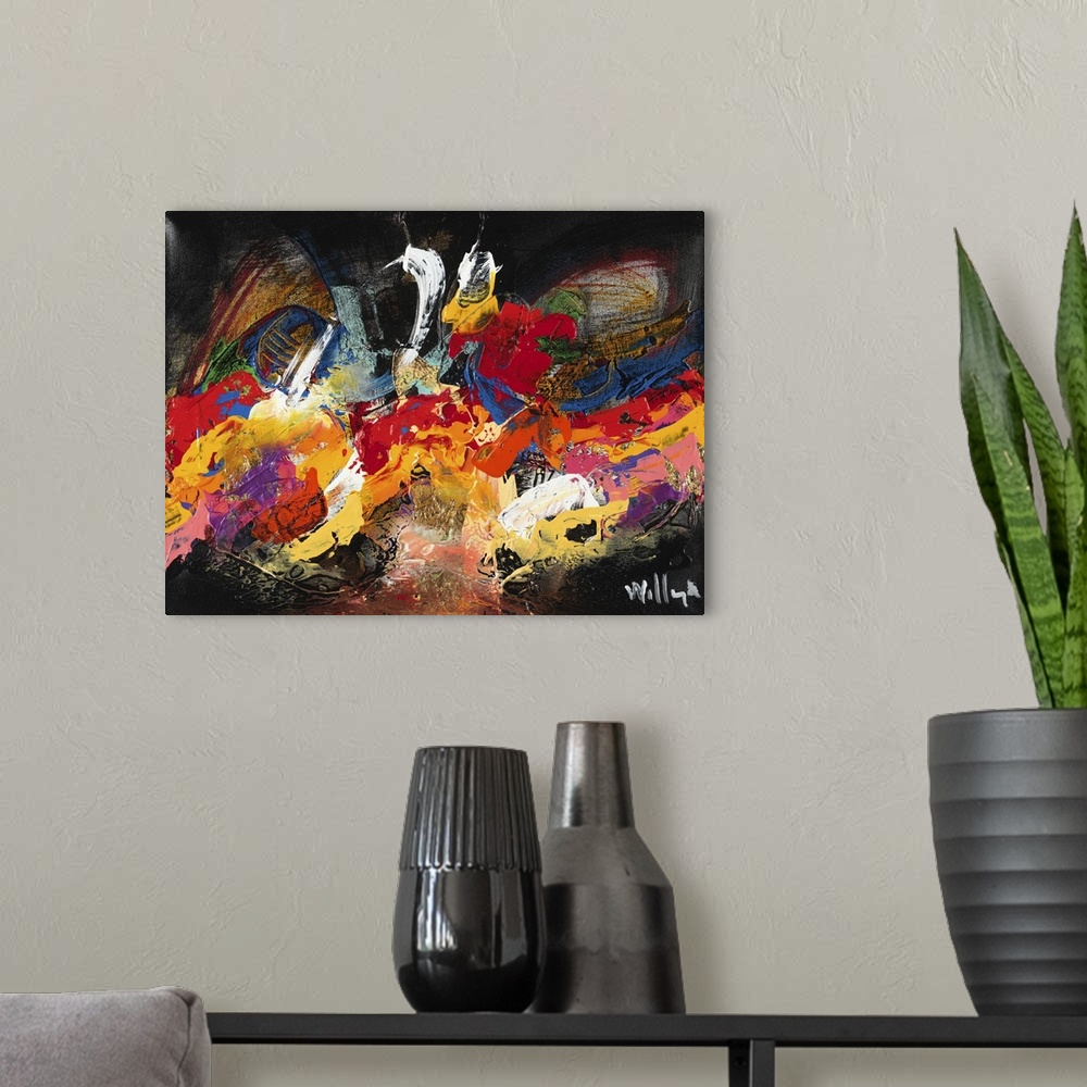A modern room featuring Wild, vivid abstract full of movement, with bold brushstrokes and contrasting colors.