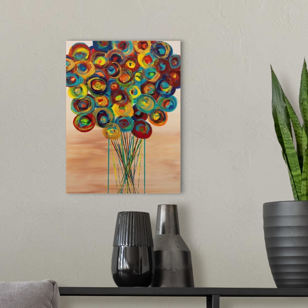 A modern room featuring A contemporary abstract painting of a bouquet of colorful flowers in a vase against a light brown...