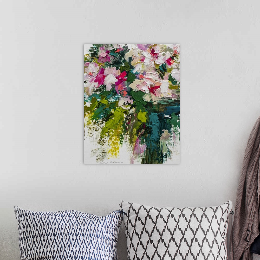 A bohemian room featuring Beautiful pink and white floral painting and floral art prints by contemporary artist painter Mel...
