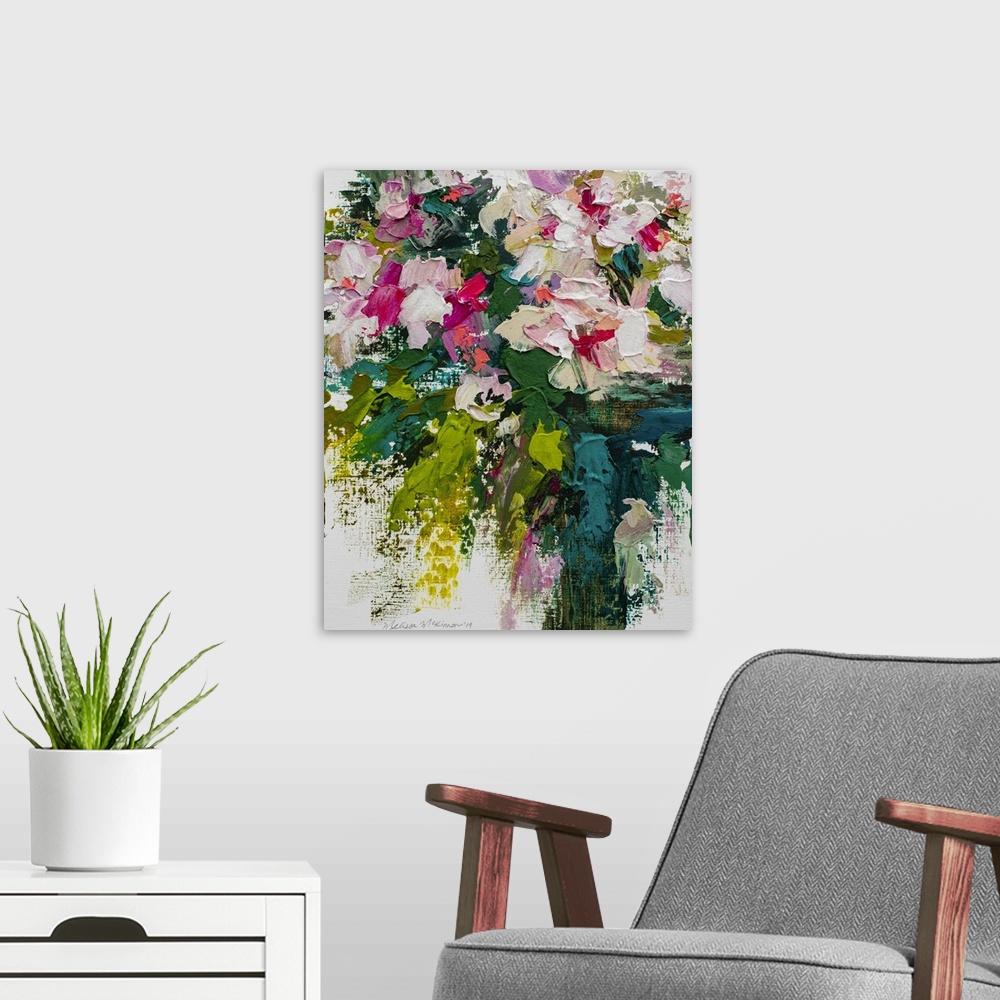 A modern room featuring Beautiful pink and white floral painting and floral art prints by contemporary artist painter Mel...