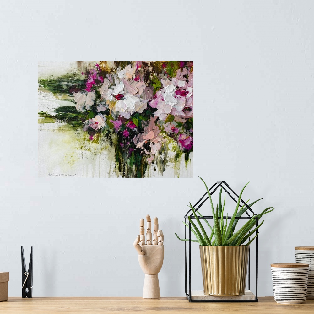 A bohemian room featuring Affordable pink and white floral painting and floral art prints by contemporary artist painter Me...