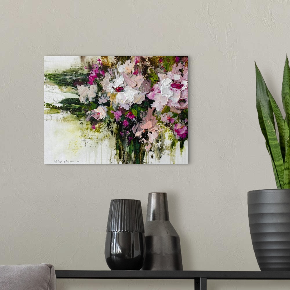 A modern room featuring Affordable pink and white floral painting and floral art prints by contemporary artist painter Me...