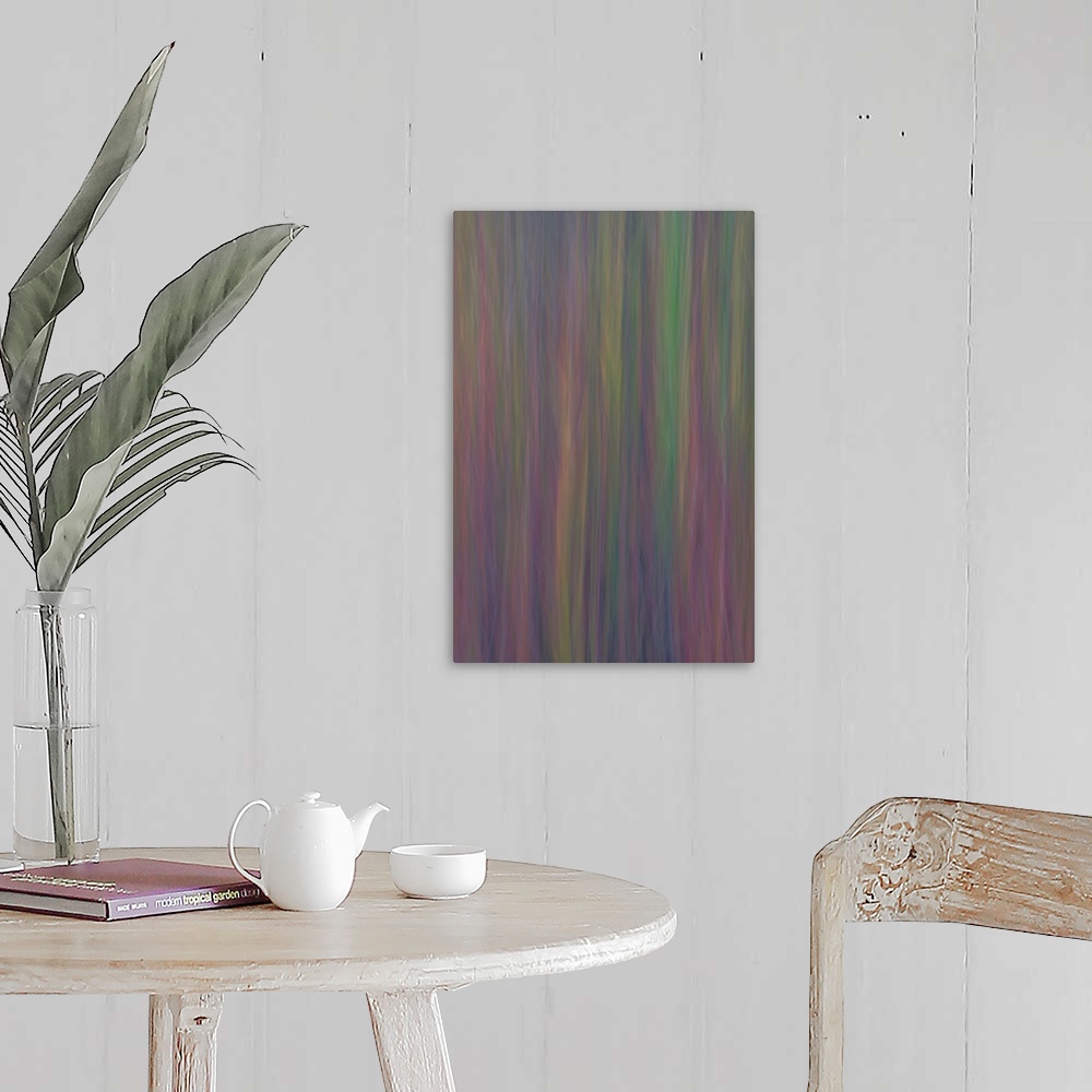 A farmhouse room featuring Colorful abstract photograph with thin, vertical, pastel lines.