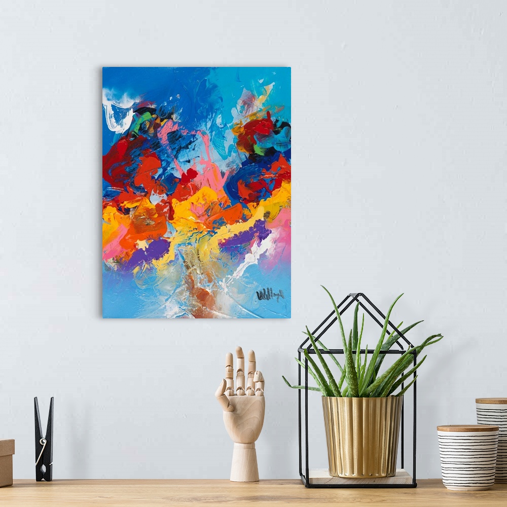 A bohemian room featuring Wild, vivid abstract full of movement, with bold brushstrokes and contrasting colors.