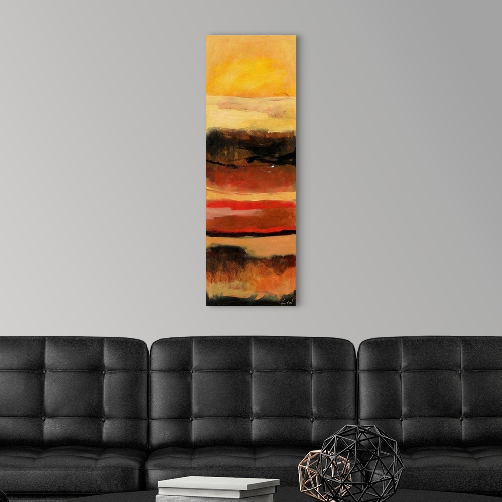 A modern room featuring Abstract painting using warm tones in shades of yellow, brown, red, and orange.