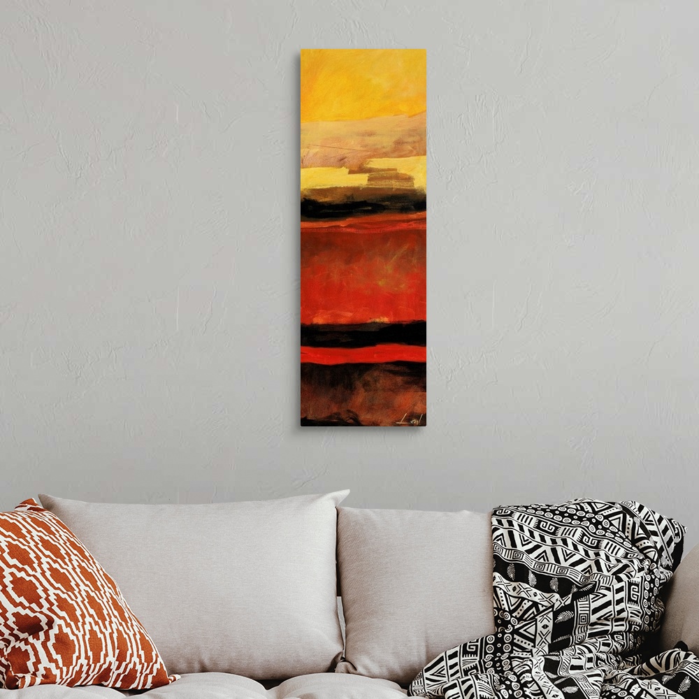 A bohemian room featuring Abstract painting using warm tones in shades of yellow, brown, red, and orange.