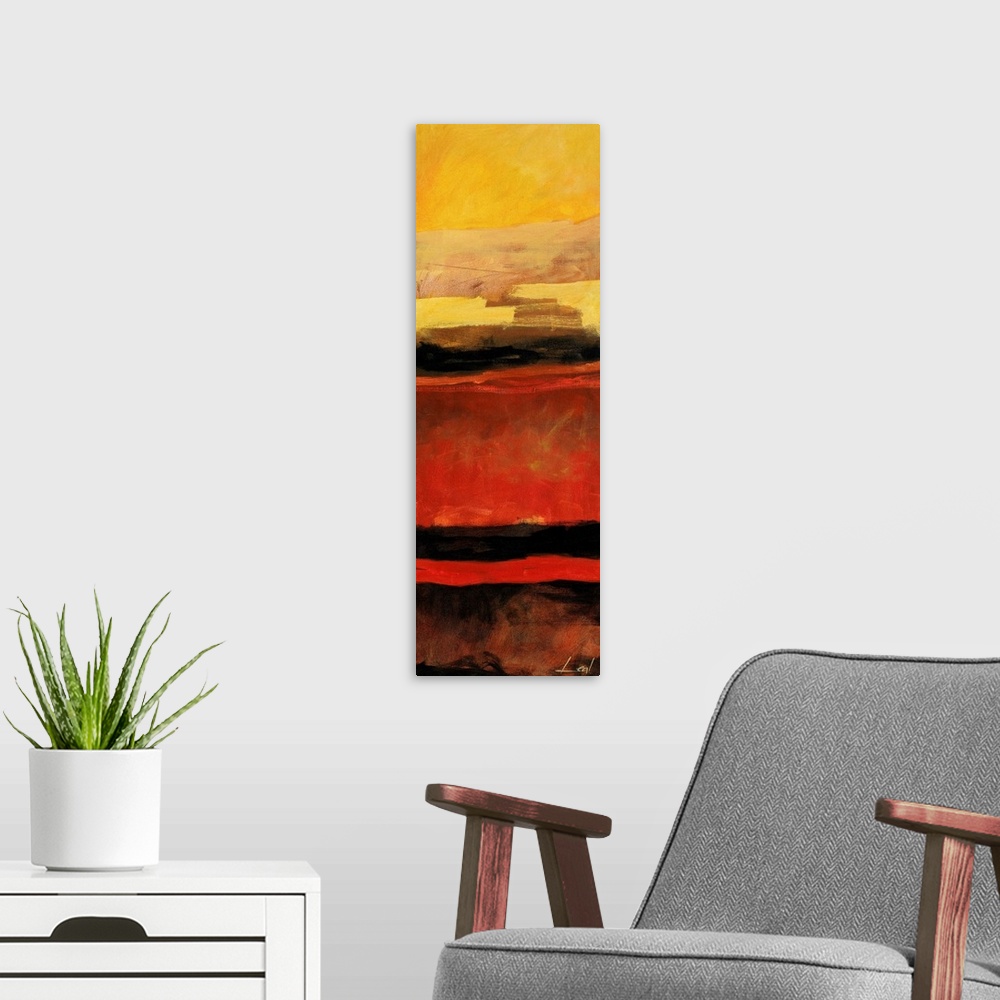 A modern room featuring Abstract painting using warm tones in shades of yellow, brown, red, and orange.