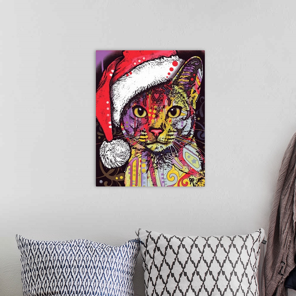 A bohemian room featuring Cute painting of a colorful cat with abstract designs wearing a Christmas hat.