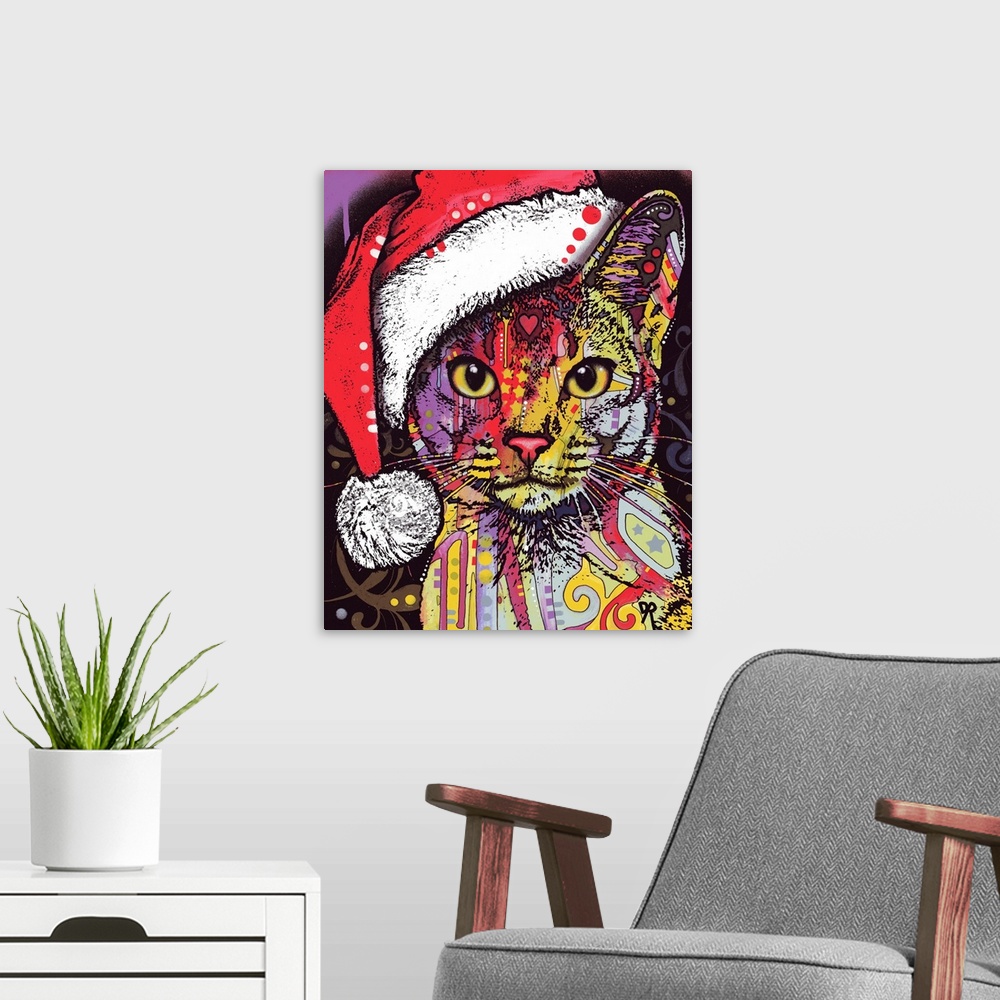 A modern room featuring Cute painting of a colorful cat with abstract designs wearing a Christmas hat.