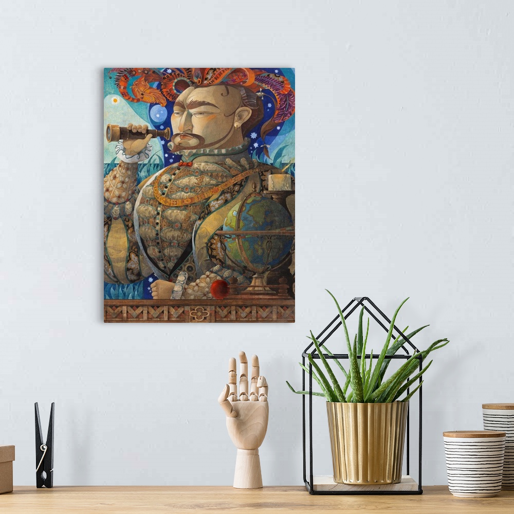 A bohemian room featuring Contemporary artwork of an explorer holding up a telescope, against a decorative background.