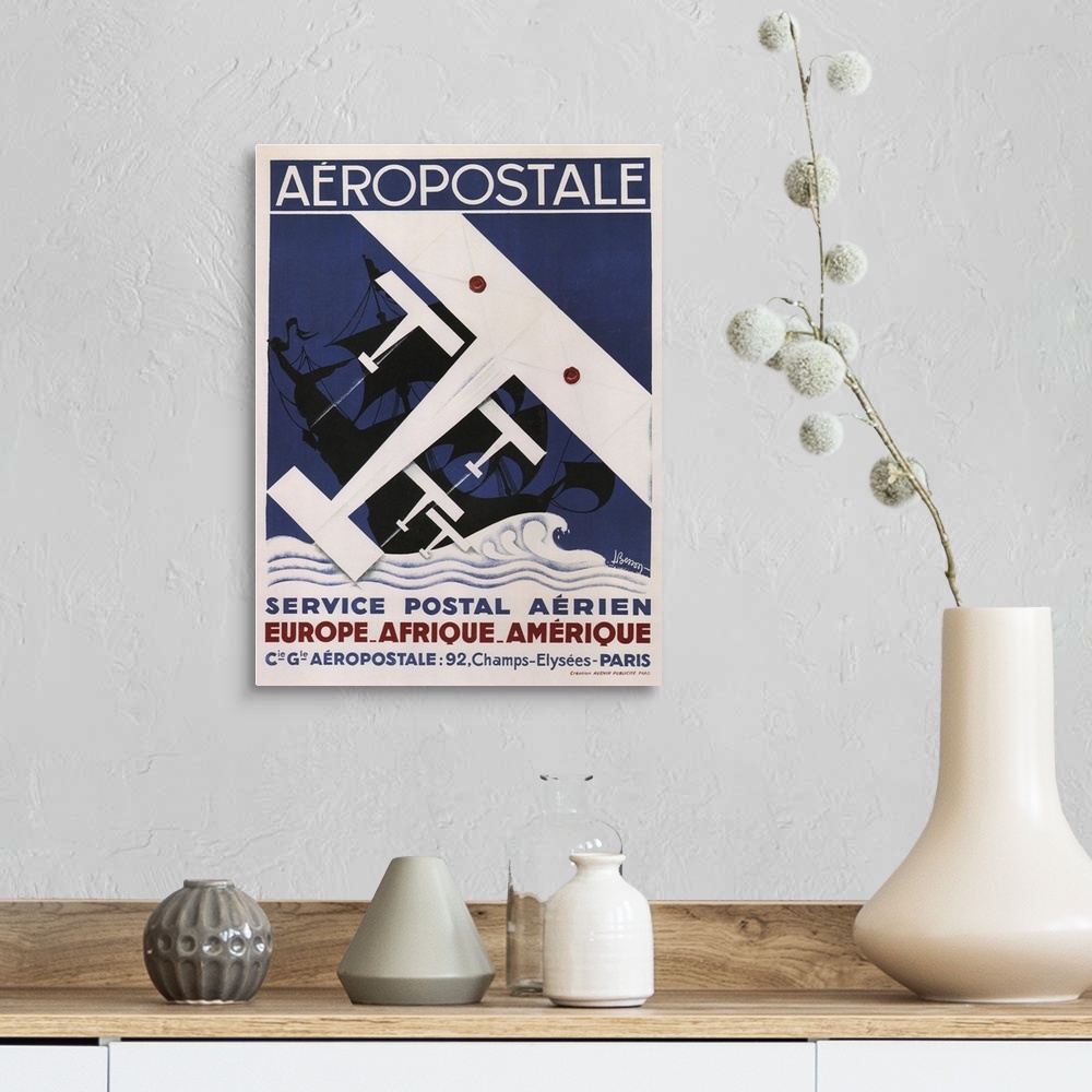 A farmhouse room featuring Vintage advertisement for Aeropostale Postal Service.