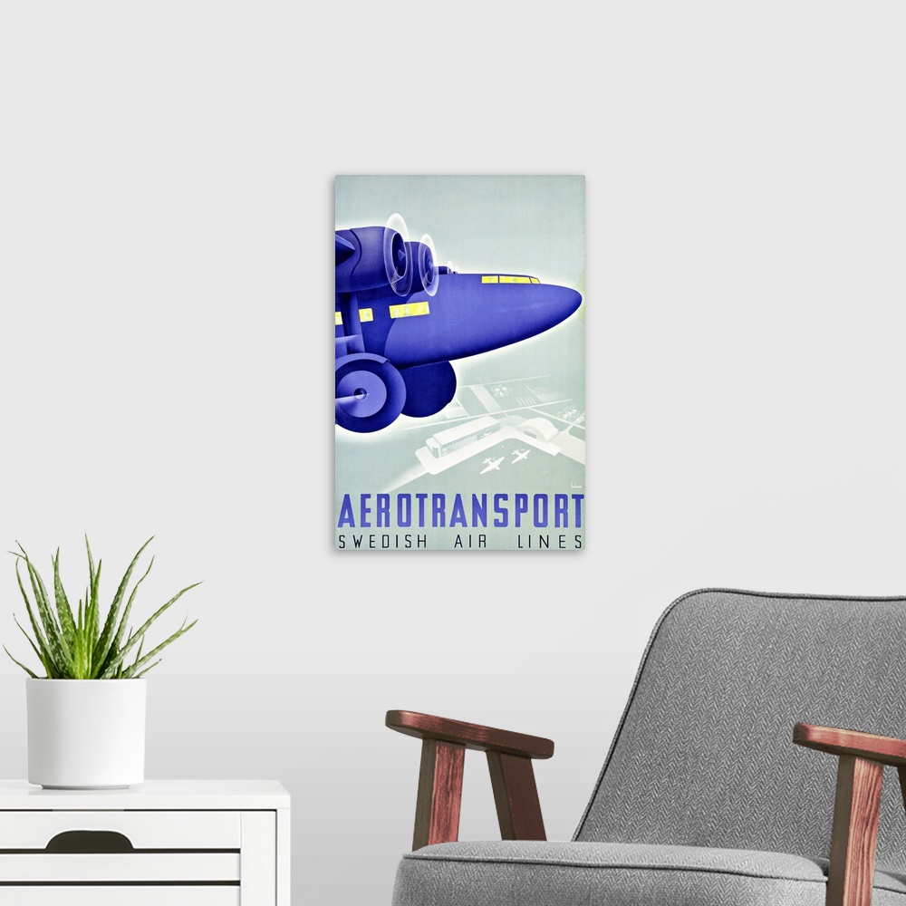 A modern room featuring Vintage poster advertisement for Aerotransport.
