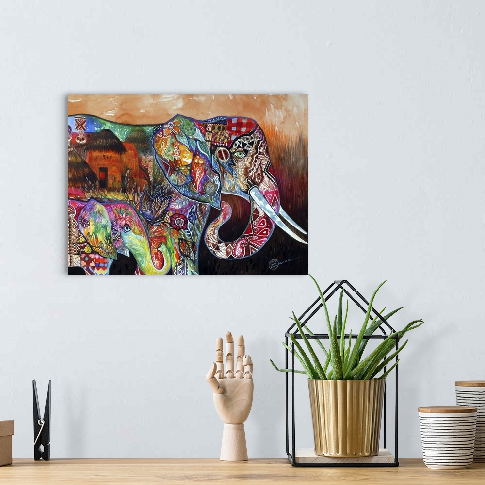 A bohemian room featuring Watercolor painting of two African Elephants with colorful markings.