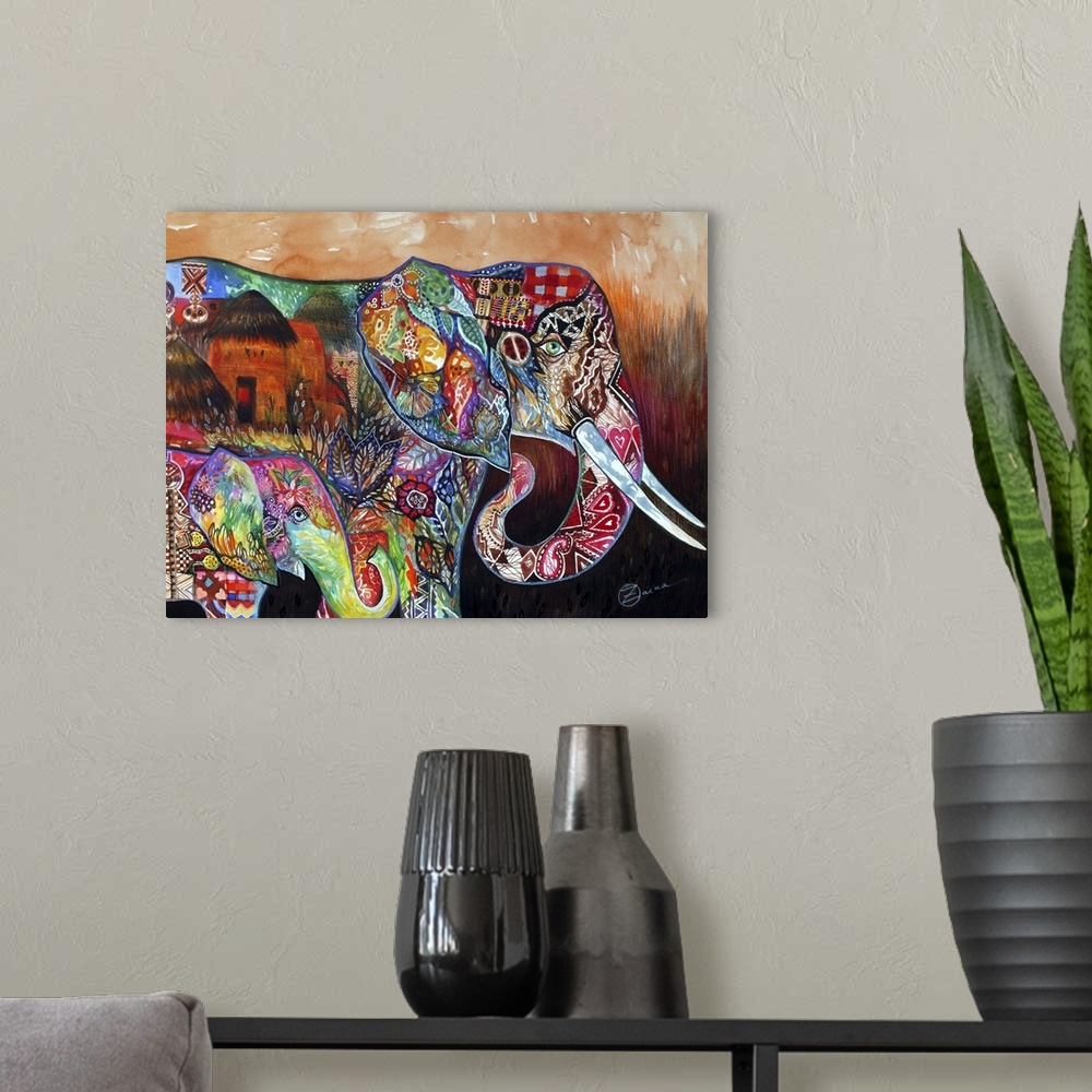 A modern room featuring Watercolor painting of two African Elephants with colorful markings.