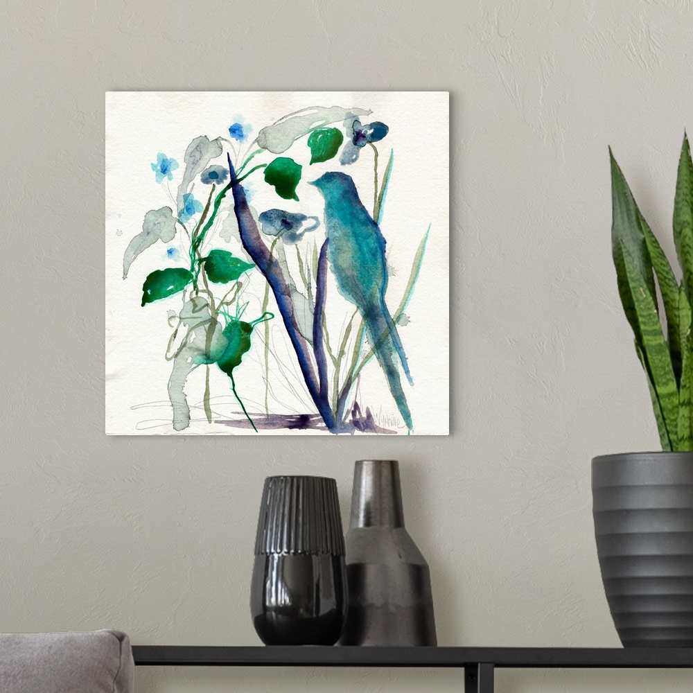 A modern room featuring A blue watercolor bird hiding in grass.